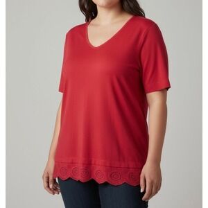 Chicos Red V-Neck Short Sleeve Tee Eyelet Scalloped Hem Top Size 3 XL